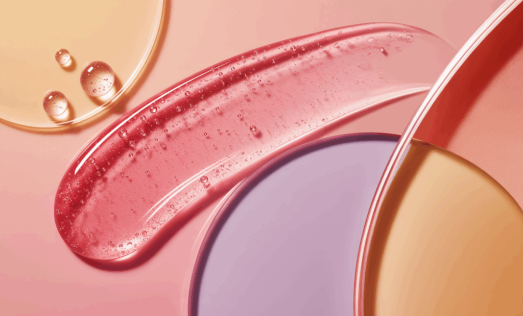 A beauty product marketing image with a soft pink background